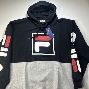 FILA Hoodie Men 4XL Big & Tall Pullover Black Gray Color Block Sleeve Chest Logo